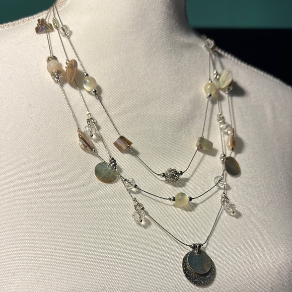 Silver and Cream Layered Necklace with Disc Charms - Picture 2 of 4